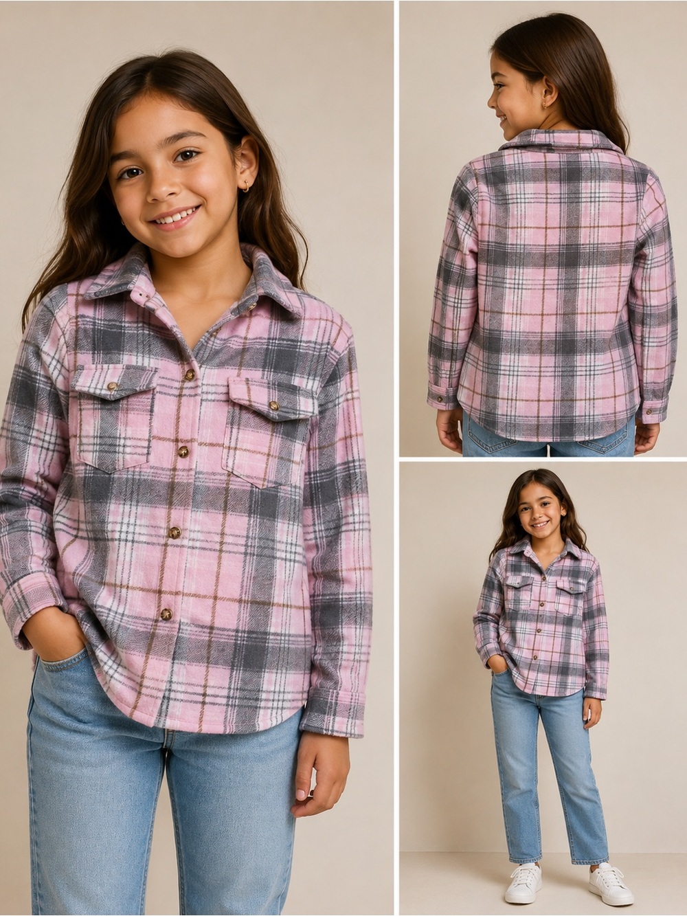 Girls' Pink & Gray Plaid Flannel Shirt Jacket